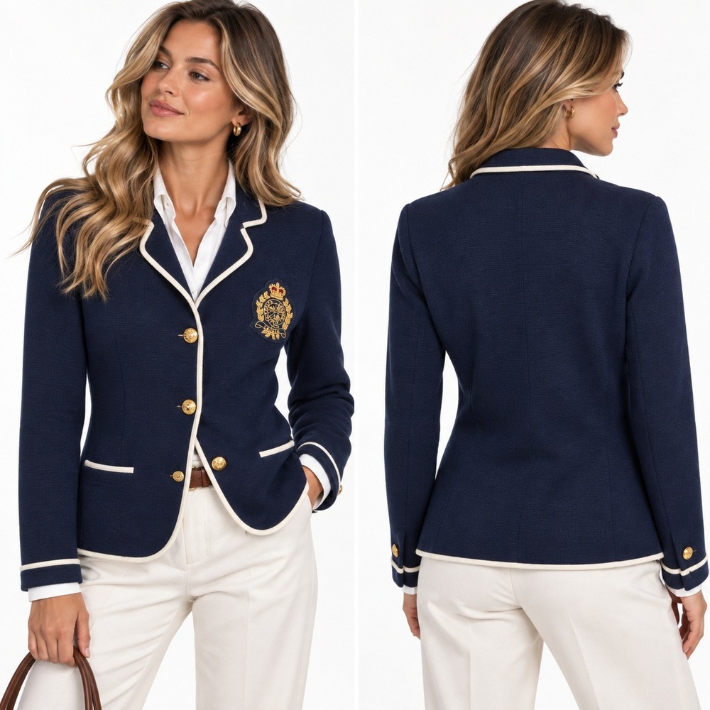 Vintage Ralph Lauren Knit Blazer Crest Navy Merino Wool Preppy Academia Women M